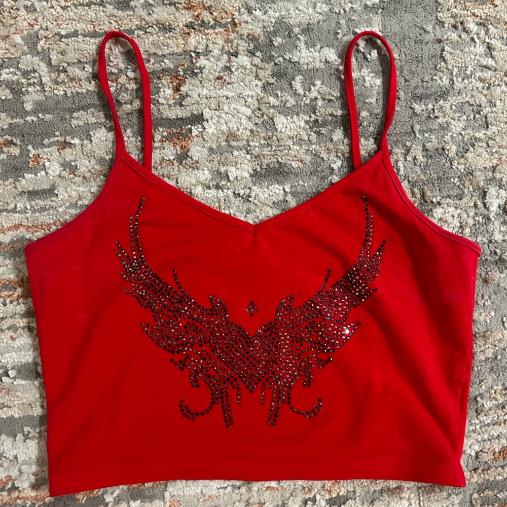BRIGHT RED rhinestone crop top. Medium